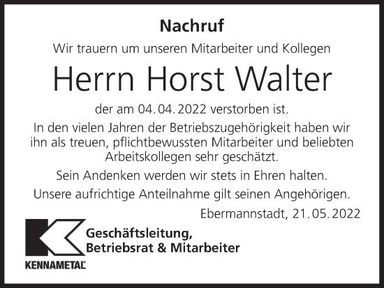 Anzeige von Horst Walter von MGO