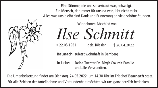 Anzeige von Ilse Schmitt von MGO