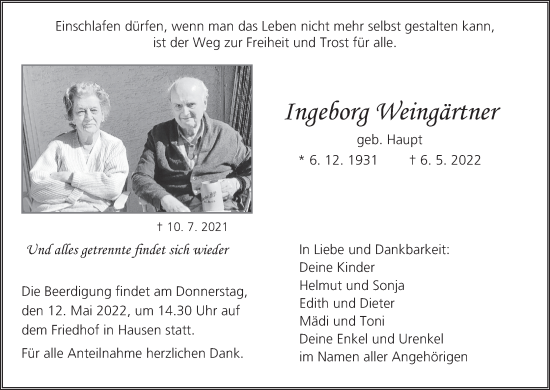 Anzeige von Ingeborg Weingärtner von MGO