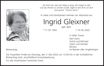 Anzeige von Ingrid Gleixner von MGO