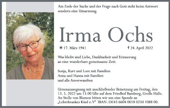 Anzeige von Irma Ochs von MGO