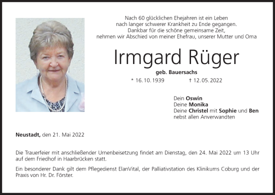 Anzeige von Irmgard Rüger von MGO
