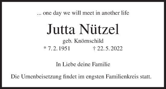 Anzeige von Jutta Nützel von MGO