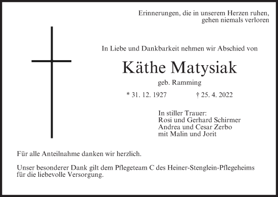 Anzeige von Käthe Matysiak von MGO