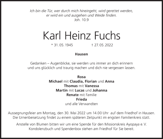 Anzeige von Karl Heinz Fuchs von MGO