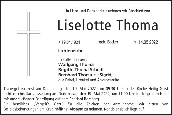 Anzeige von Liselotte Thoma von MGO