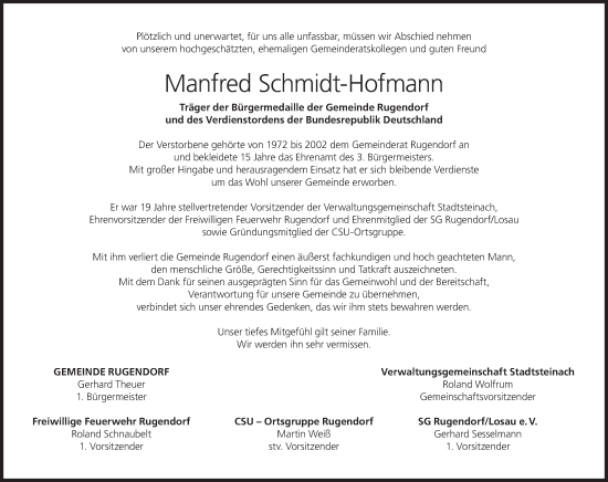 Anzeige von Manfred Schmidt-Hofmann von MGO