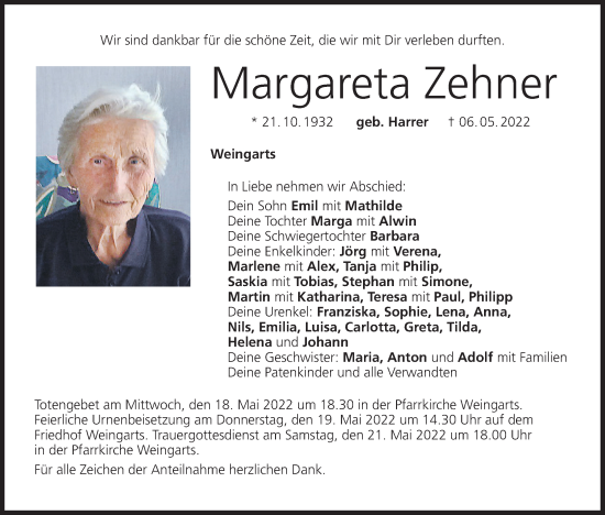 Anzeige von Margareta Zehner von MGO