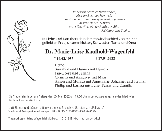 Anzeige von Marie-Luise Kaufhold-Wagenfeld von MGO