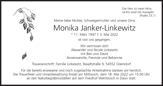 Anzeige von Monika Janker-Linkewitz von MGO
