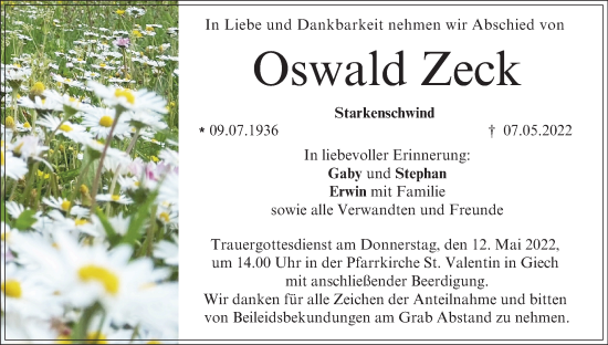 Anzeige von Oswald Zeck von MGO