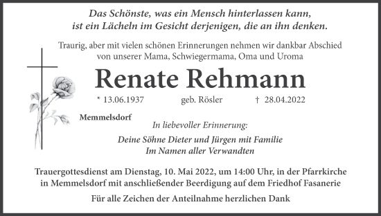 Anzeige von Renate Rehmann von MGO