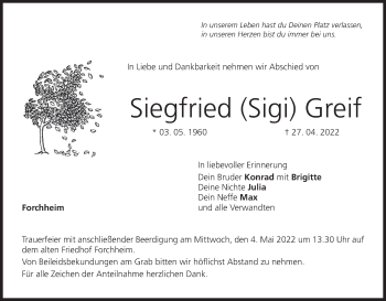 Anzeige von Siegfried  Greif von MGO