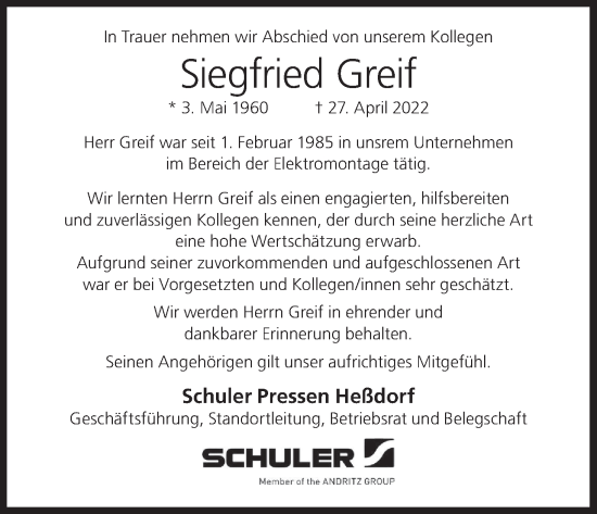 Anzeige von Siegfried  Greif von MGO