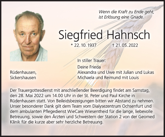 Anzeige von Siegfried Hahnsch von MGO