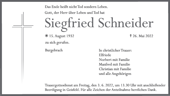 Anzeige von Siegfried Schneider von MGO