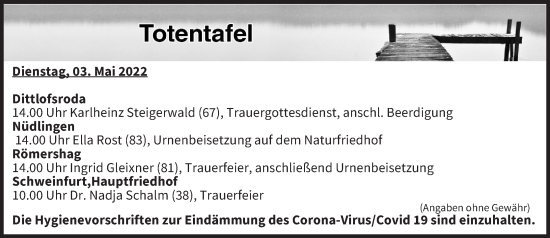 Anzeige von Totentafel vom 03.05.2022 von MGO