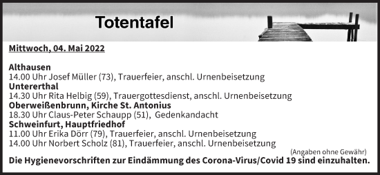 Anzeige von Totentafel vom 04.05.2022 von MGO