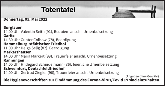 Anzeige von Totentafel vom 05.05.2022 von MGO
