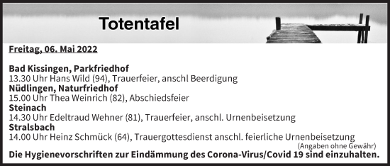 Anzeige von Totentafel vom 06.05.2022 von MGO