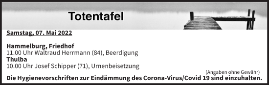 Anzeige von Totentafel vom 07.05.2022 von MGO