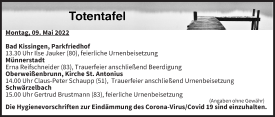 Anzeige von Totentafel vom 09.05.2022 von MGO