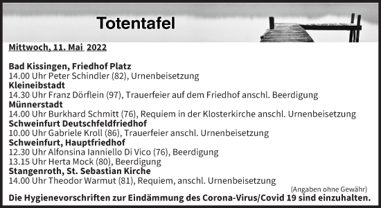 Anzeige von Totentafel vom 11.05.2022 von MGO