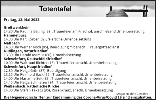 Anzeige von Totentafel vom 13.05.2022 von MGO