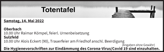 Anzeige von Totentafel vom 14.05.2022 von MGO