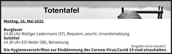Anzeige von Totentafel vom 16.05.2022 von MGO