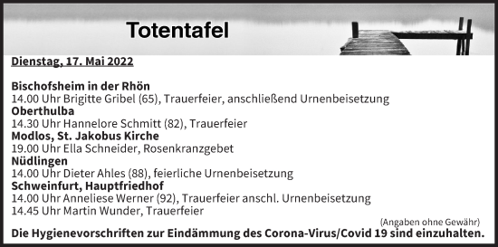 Anzeige von Totentafel vom 17.05.2022 von MGO