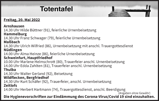 Anzeige von Totentafel vom 20.05.2022 von MGO