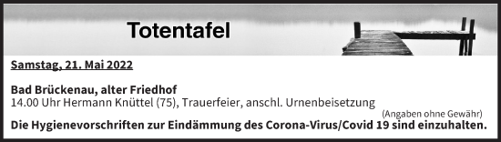 Anzeige von Totentafel vom 21.05.2022 von MGO