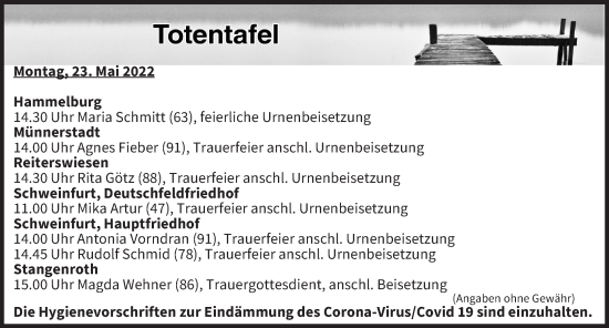 Anzeige von Totentafel vom 23.05.2022 von MGO