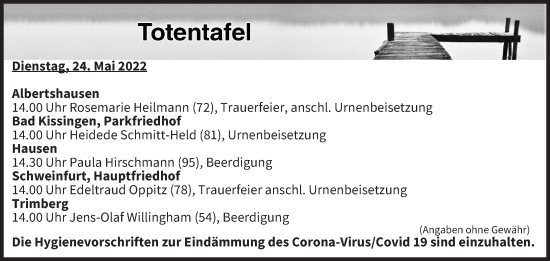 Anzeige von Totentafel vom 24.05.2022 von MGO