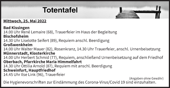 Anzeige von Totentafel vom 25.05.2022 von MGO