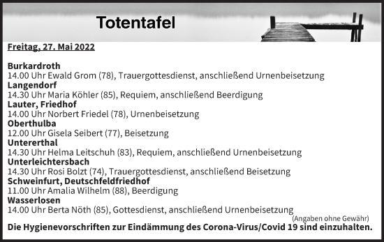 Anzeige von Totentafel vom 27.05.2022 von MGO