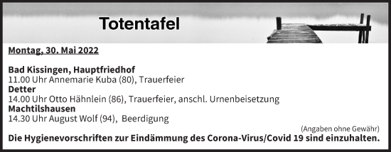 Anzeige von Totentafel vom 30.05.2022 von MGO