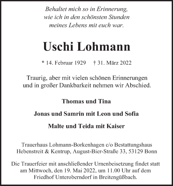 Anzeige von Uschi Lohmann von MGO
