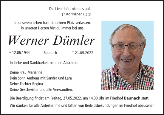 Anzeige von Werner Dümler von MGO