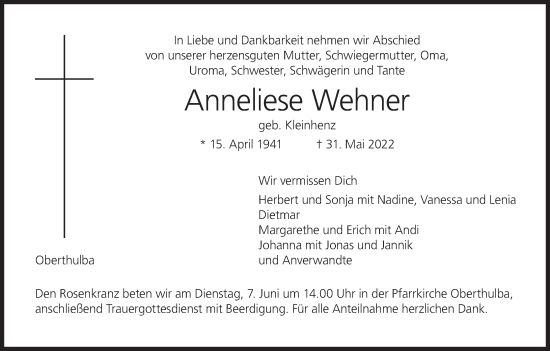 Anzeige von Anneliese Wehner von MGO