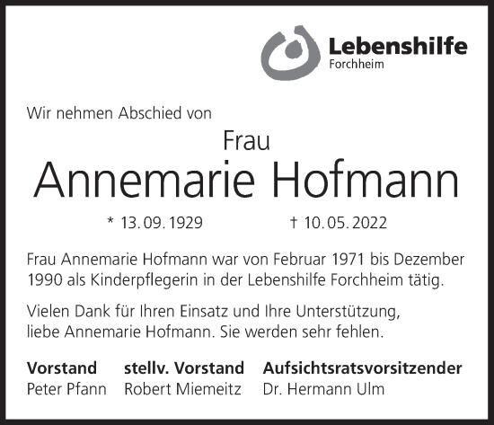 Anzeige von Annemarie Hofmann von MGO