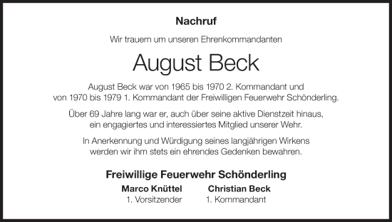Anzeige von August Beck von MGO