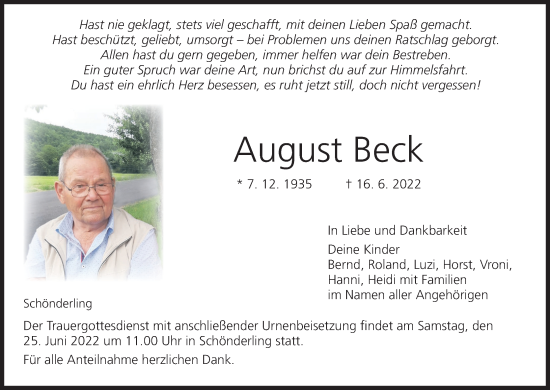 Anzeige von August Beck von MGO