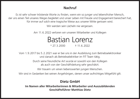 Anzeige von Bastian Lorenz von MGO