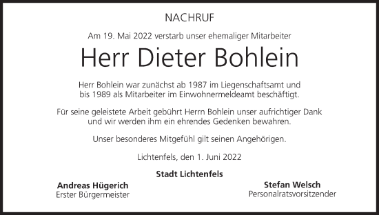 Anzeige von Dieter Bohlein von MGO