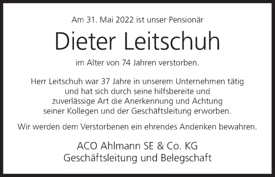 Anzeige von Dieter Leitschuh von MGO