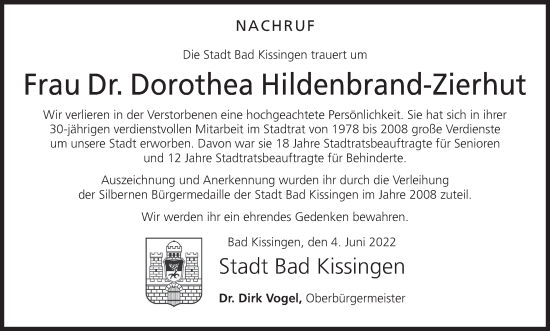 Anzeige von Dorothea Hildenbrand-Zierhut von MGO