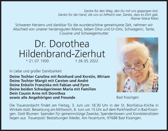Anzeige von Dorothea Hildenbrand-Zierhut von MGO