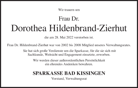 Anzeige von Dorothea Hildenbrand-Zierhut von MGO